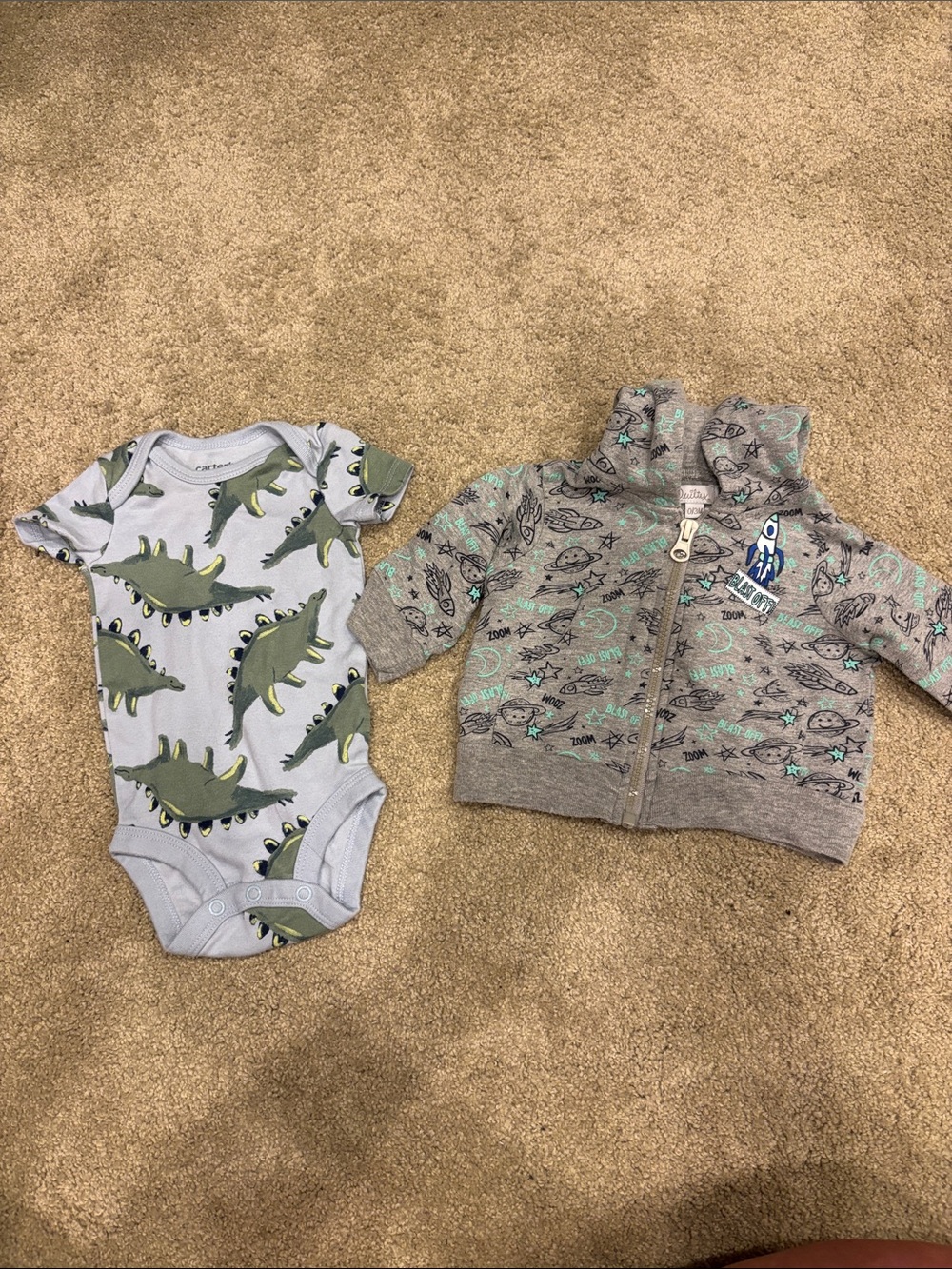 Dinosaur Bodysuit and Space Zip Hoodie  - Gray & Green